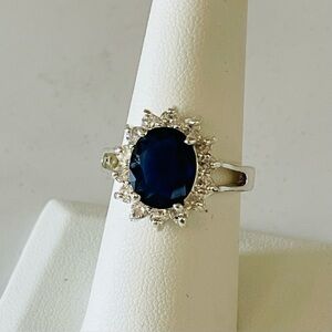 Sapphire and CZ Diamond Ring, Princess Diana Style Royal Memorabilia, Sz 8